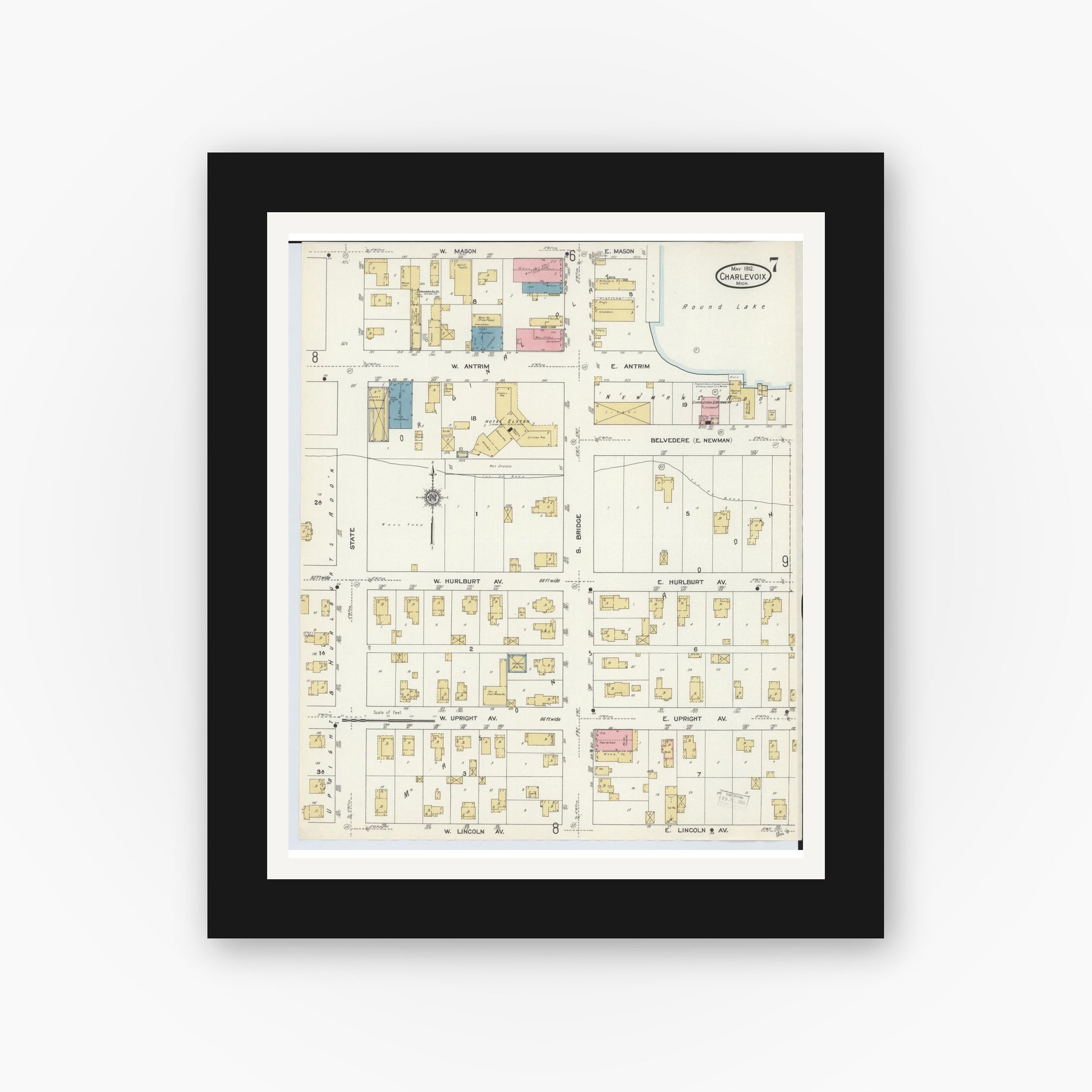 Old map wall art mockup — black gallery frame with white mat — Sanborn Fire Insurance Map from Charlevoix, Charlevoix County, Michigan (1912), Sheet #0007