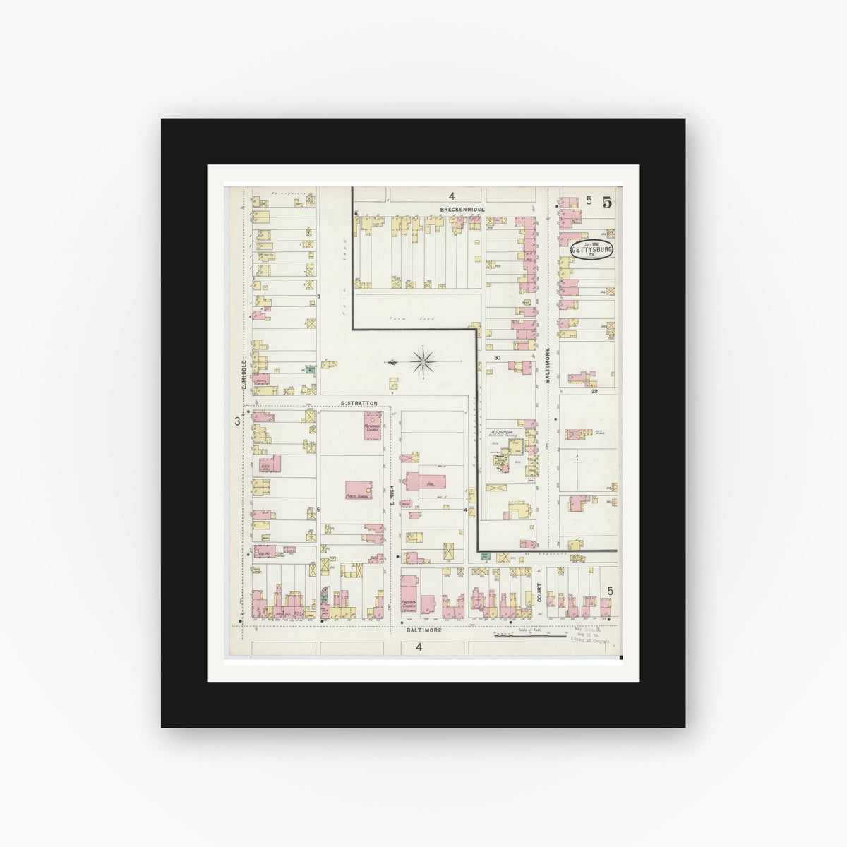 Old map wall art mockup — black gallery frame with white mat — Sanborn Fire Insurance Map from Gettysburg, Adams County, Pennsylvania (1896), Sheet #0005