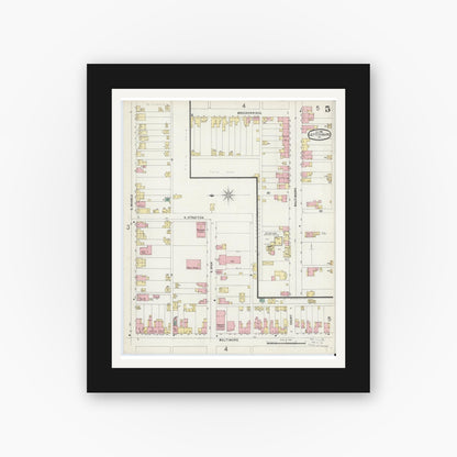 Old map wall art mockup — black gallery frame with white mat — Sanborn Fire Insurance Map from Gettysburg, Adams County, Pennsylvania (1896), Sheet #0005