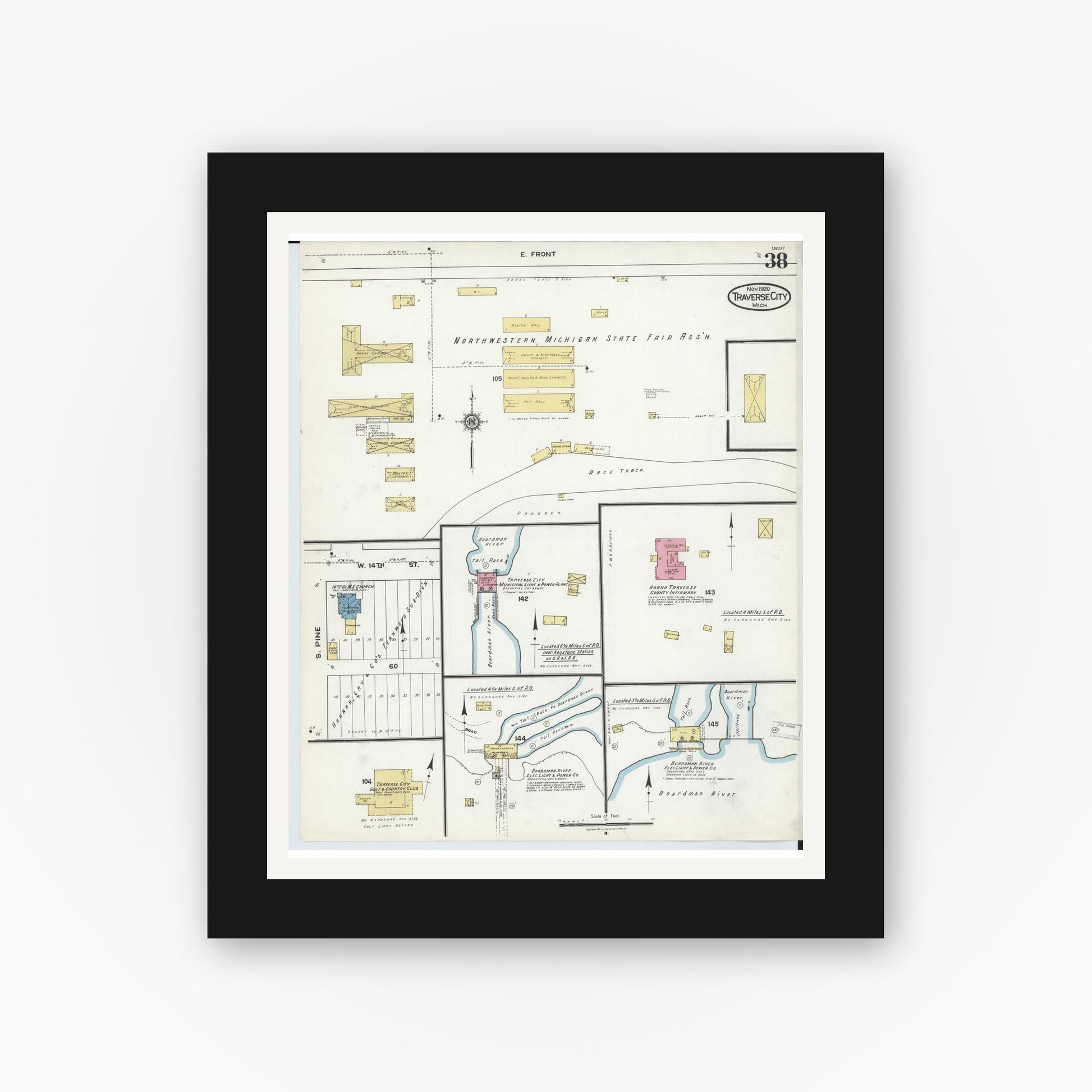 Old map wall art mockup — black gallery frame with white mat — Sanborn Fire Insurance Map from Traverse City, Grand Traverse County, Michigan (1920), Sheet #0038