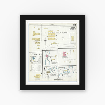 Old map wall art mockup — black gallery frame with white mat — Sanborn Fire Insurance Map from Traverse City, Grand Traverse County, Michigan (1920), Sheet #0038