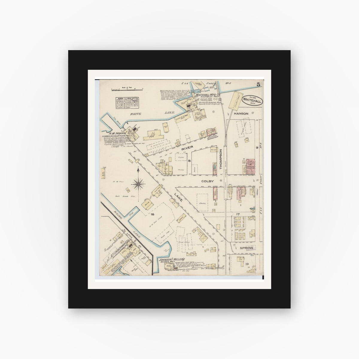 Old map wall art mockup — black gallery frame with white mat — Sanborn Fire Insurance Map from Montague, Muskegon County, Michigan (1883), Sheet #0005