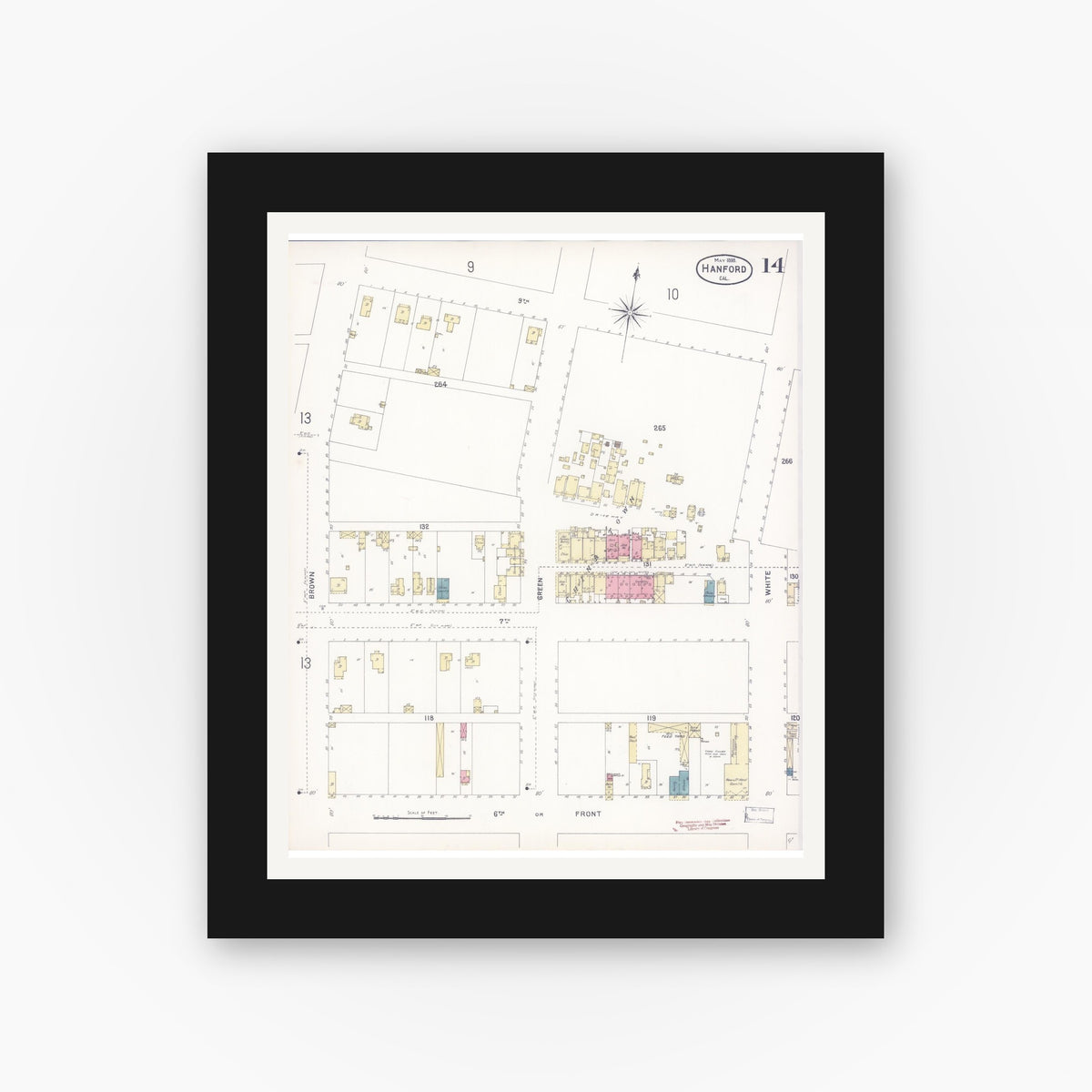 Old map wall art mockup — black gallery frame with white mat — Sanborn Fire Insurance Map from Hanford, Kings County, California (1898), Sheet #0014