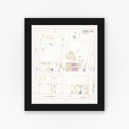 Old map wall art mockup — black gallery frame with white mat — Sanborn Fire Insurance Map from Hanford, Kings County, California (1898), Sheet #0014