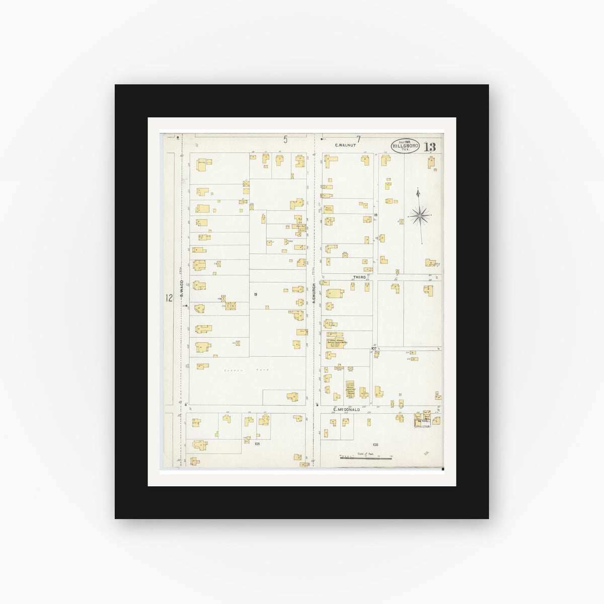Old map wall art mockup — black gallery frame with white mat — Sanborn Fire Insurance Map from Hillsboro, Hill County, Texas (1905), Sheet #0013