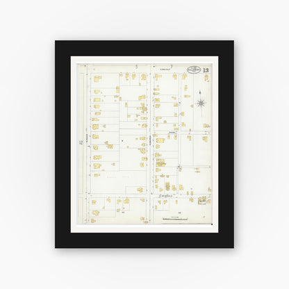 Old map wall art mockup — black gallery frame with white mat — Sanborn Fire Insurance Map from Hillsboro, Hill County, Texas (1905), Sheet #0013