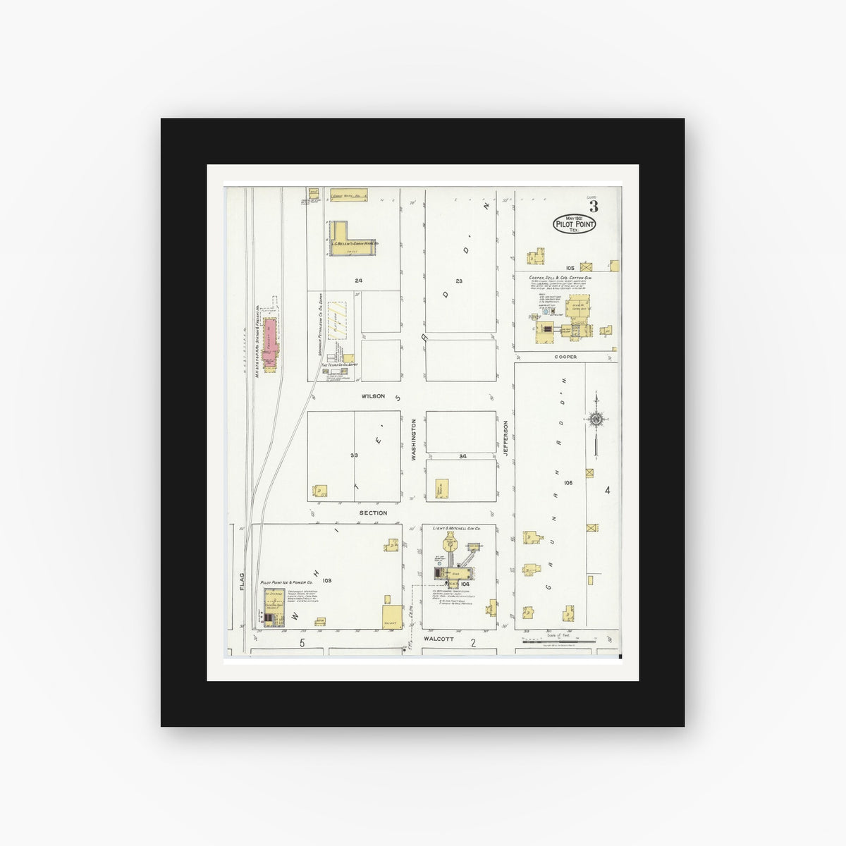Old map wall art mockup — black gallery frame with white mat — Sanborn Fire Insurance Map from Pilot Point, Denton County, Texas (1921), Sheet #0003