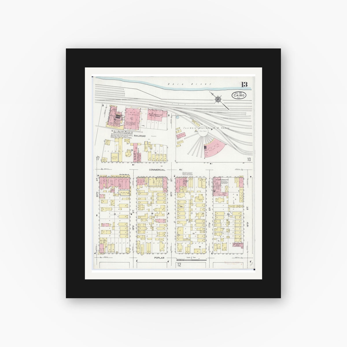 Old map wall art mockup — black gallery frame with white mat — Sanborn Fire Insurance Map from Cairo, Alexander County, Illinois (1914), Sheet #0013
