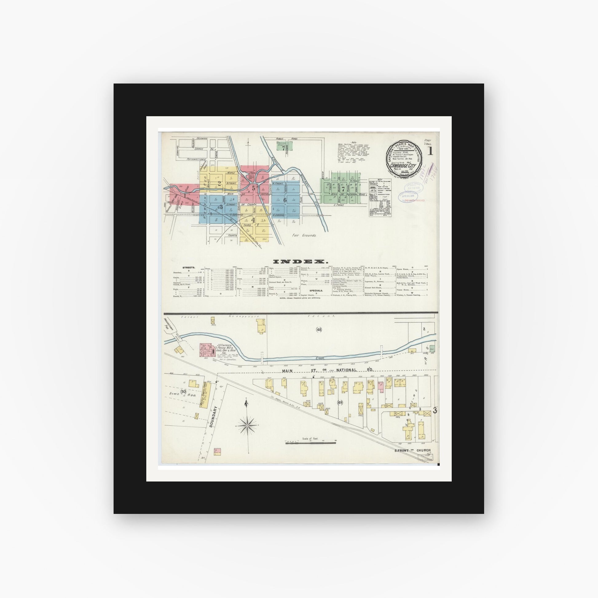 Old map wall art mockup — black gallery frame with white mat — Sanborn Fire Insurance Map from Cambridge City, Wayne County, Indiana (1898) - Complete Map Set