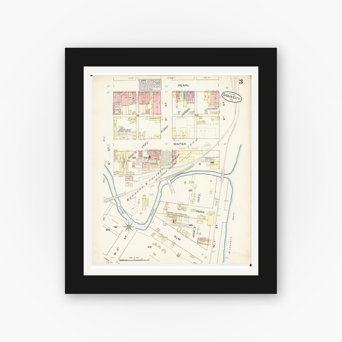 Old map wall art mockup — black gallery frame with white mat — Sanborn Fire Insurance Map from Sioux City, Woodbury County, Iowa (1884), Sheet #0003