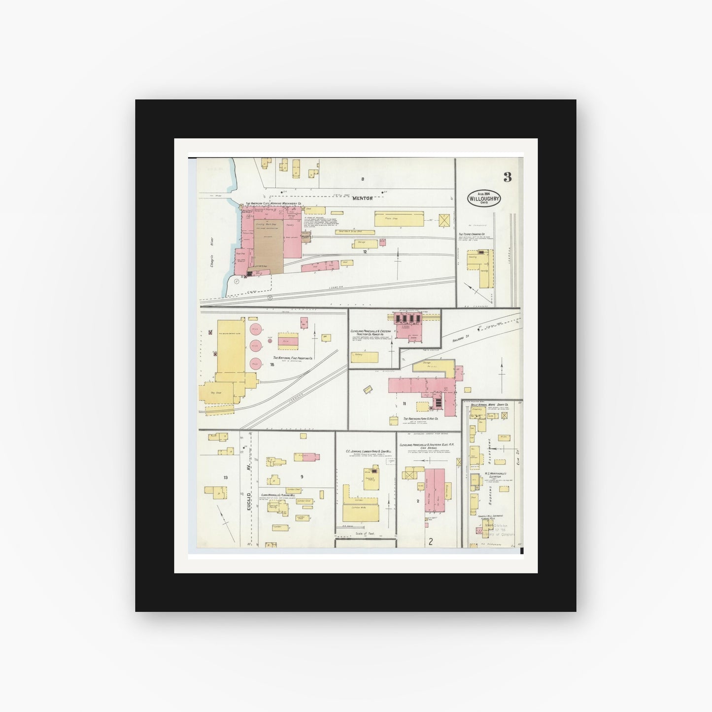 Old map wall art mockup — black gallery frame with white mat — Sanborn Fire Insurance Map from Willoughby, Lake County, Ohio (1904), Sheet #0003