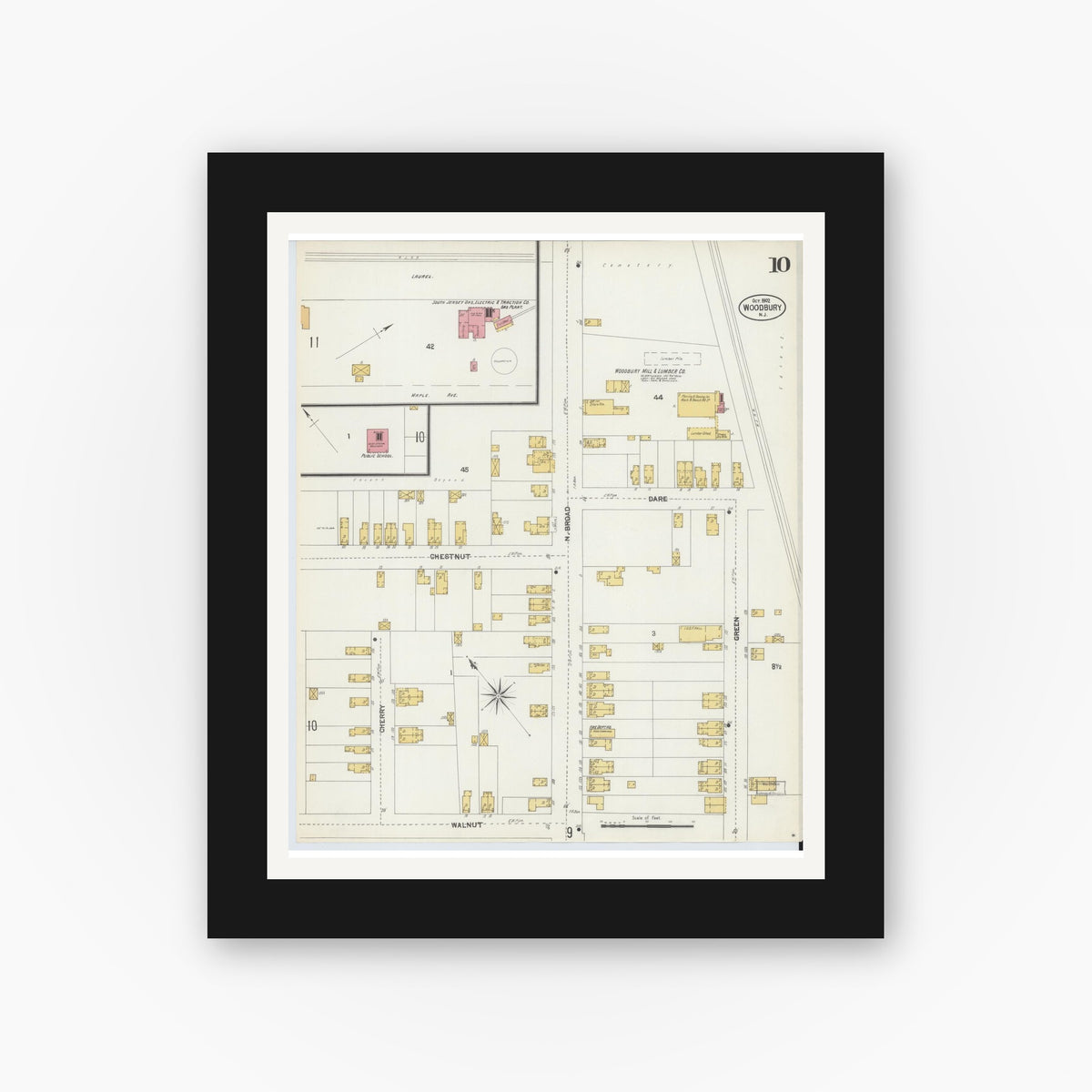 Old map wall art mockup — black gallery frame with white mat — Sanborn Fire Insurance Map from Woodbury, Gloucester County, New Jersey (1902), Sheet #0010