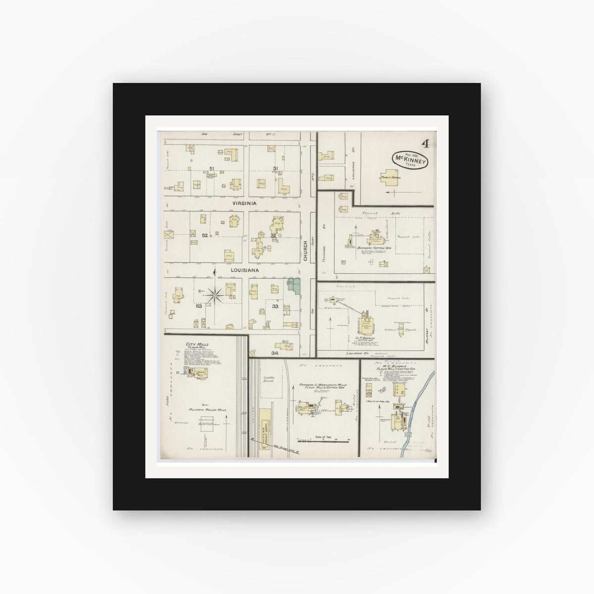 Old map wall art mockup — black gallery frame with white mat — Sanborn Fire Insurance Map from McKinney, Collin County, Texas (1888), Sheet #0004