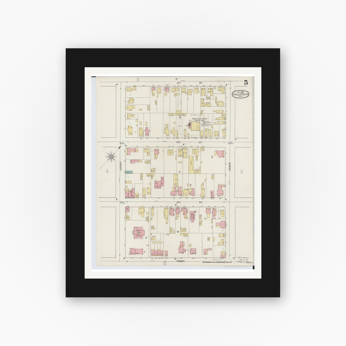 Old map wall art mockup — black gallery frame with white mat — Sanborn Fire Insurance Map from Gallipolis, Gallia County, Ohio (1895), Sheet #0005