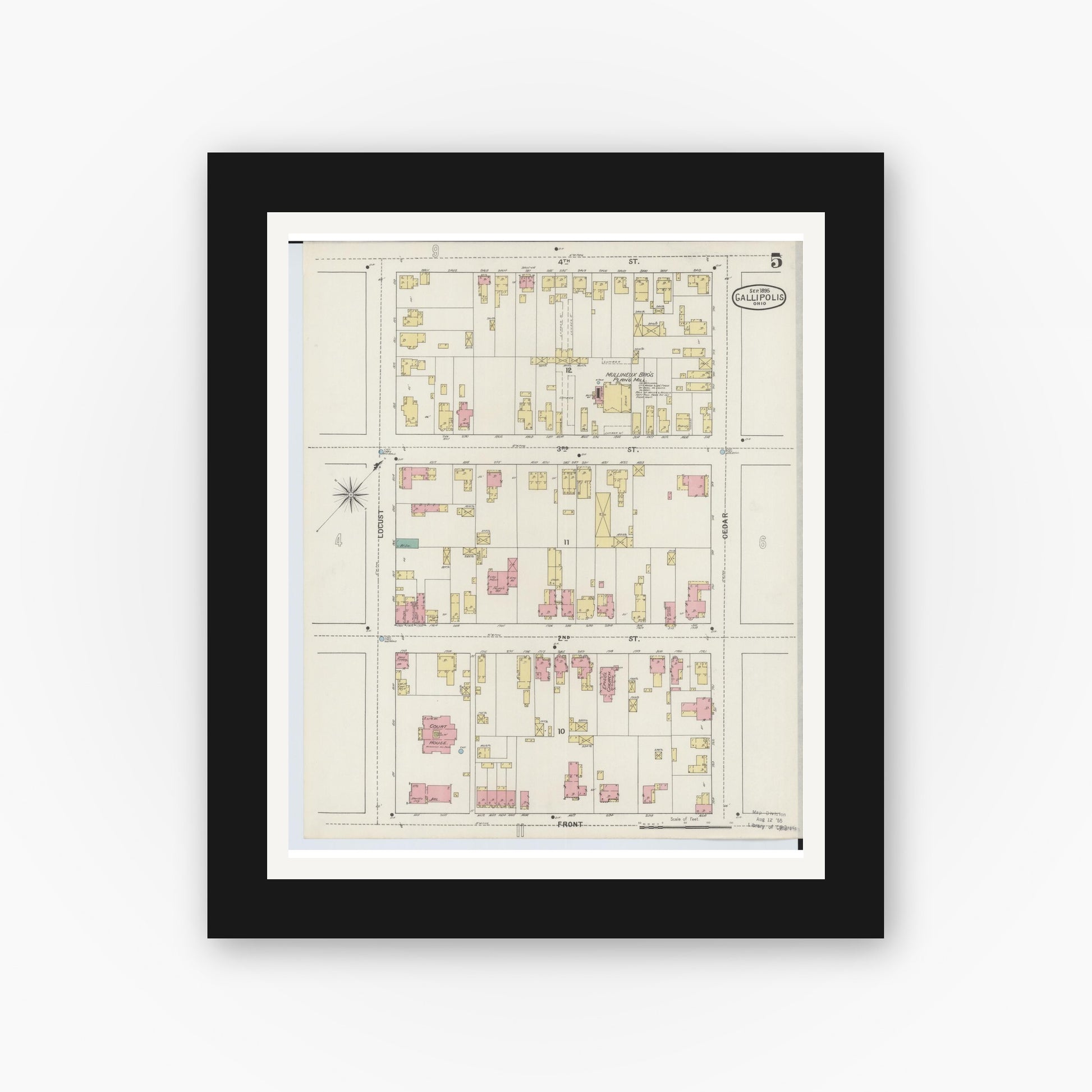 Old map wall art mockup — black gallery frame with white mat — Sanborn Fire Insurance Map from Gallipolis, Gallia County, Ohio (1895), Sheet #0005