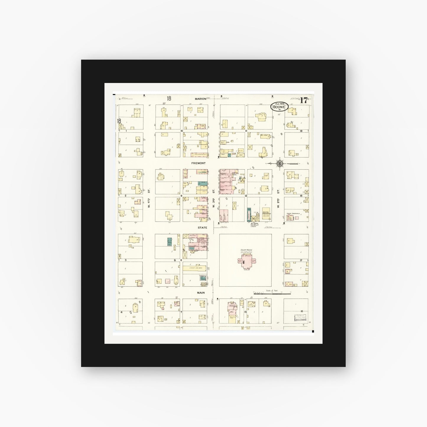 Old map wall art mockup — black gallery frame with white mat — Sanborn Fire Insurance Map from Boone, Boone County, Iowa (1909), Sheet #0017