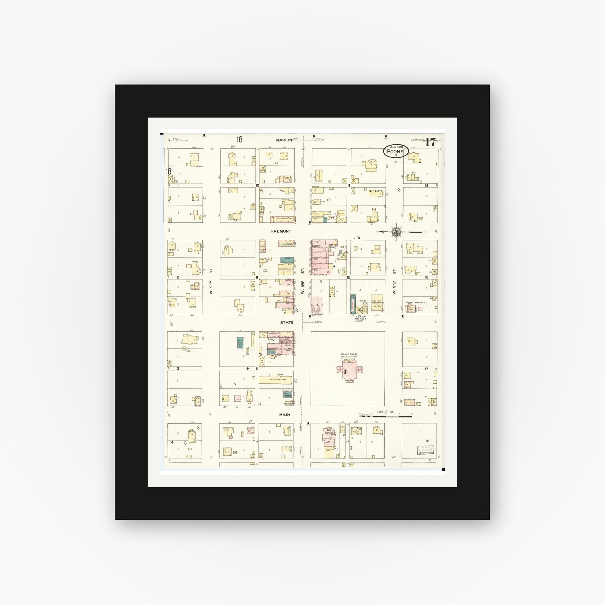 Old map wall art mockup — black gallery frame with white mat — Sanborn Fire Insurance Map from Boone, Boone County, Iowa (1909), Sheet #0017
