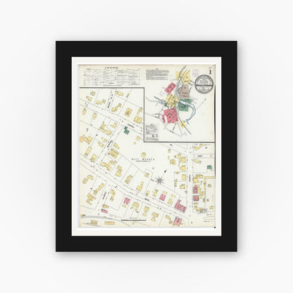 Old map wall art mockup — black gallery frame with white mat — Sanborn Fire Insurance Map from Warren, Worcester County, Massachusetts (1902) - Complete Map Set