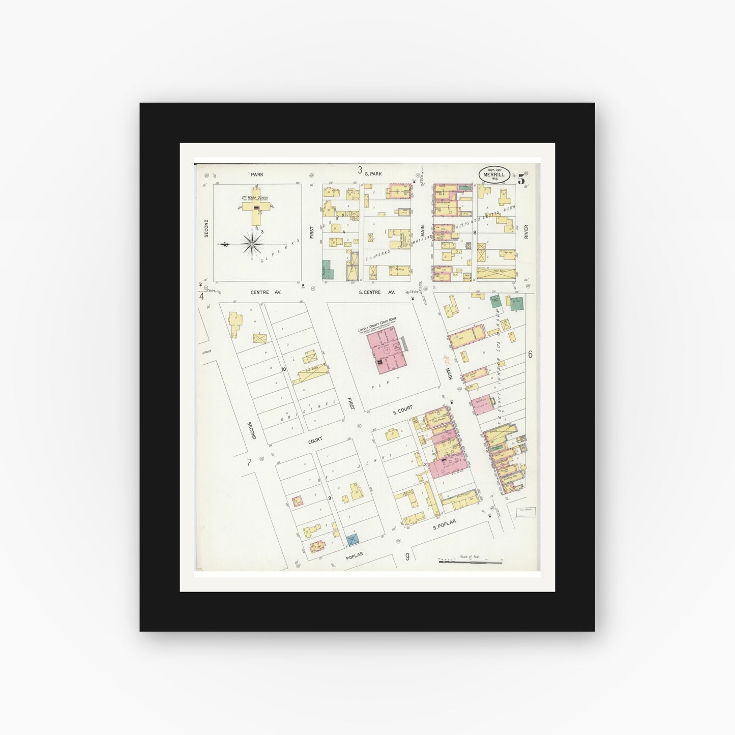 Old map wall art mockup — black gallery frame with white mat — Sanborn Fire Insurance Map from Merrill, Lincoln County, Wisconsin (1907), Sheet #0005