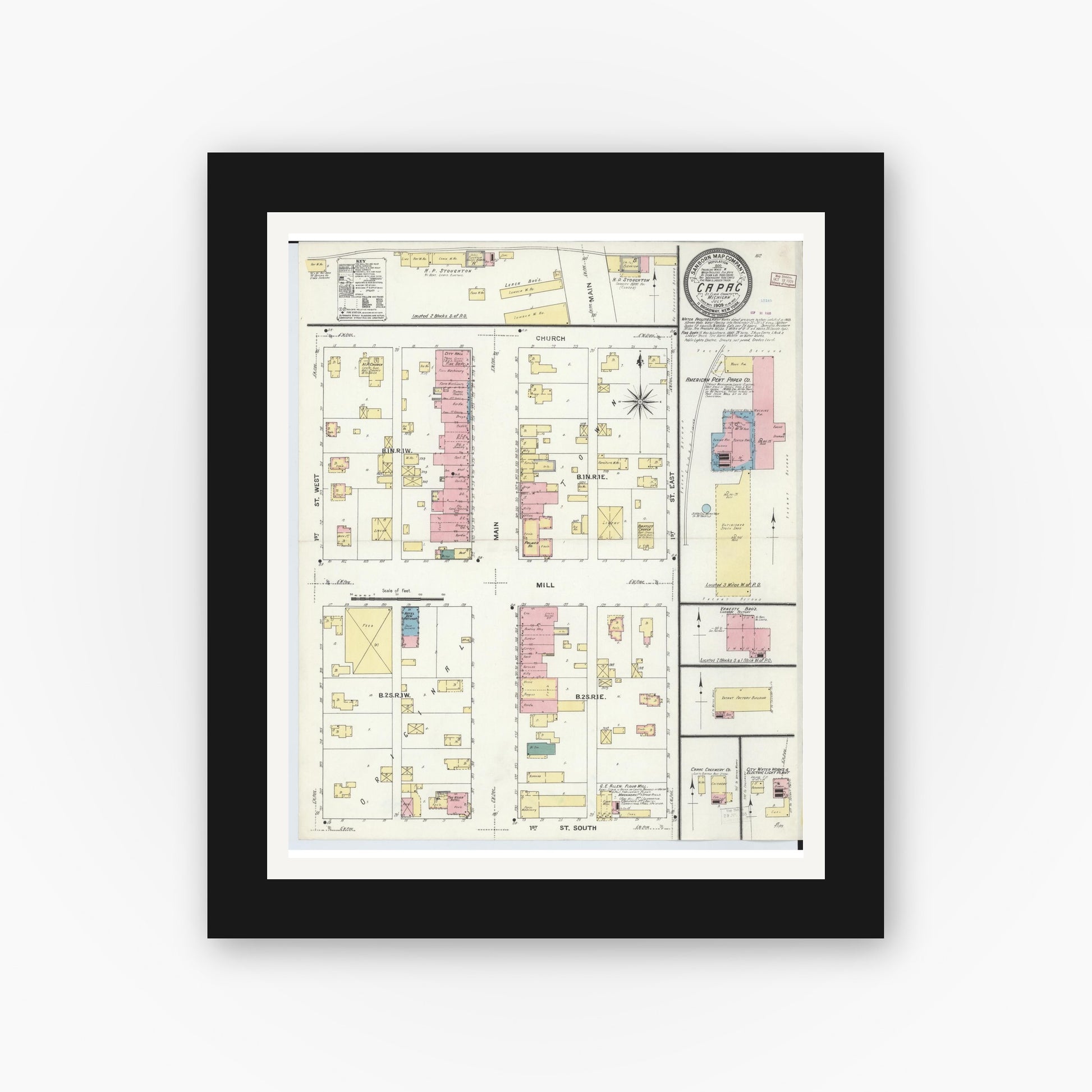 Old map wall art mockup — black gallery frame with white mat — Sanborn Fire Insurance Map from Capac, Saint Clair County, Michigan (1909), Sheet #0001