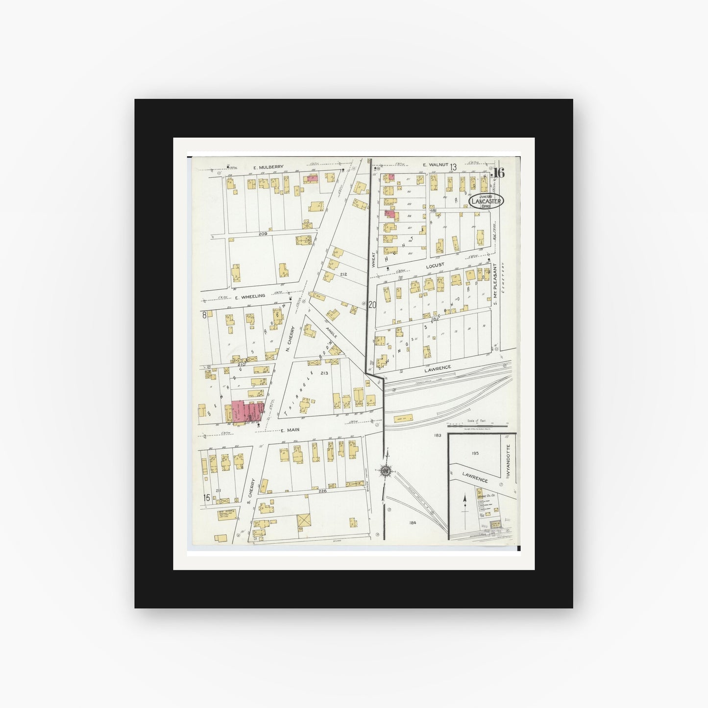 Old map wall art mockup — black gallery frame with white mat — Sanborn Fire Insurance Map from Lancaster, Fairfield County, Ohio (1919), Sheet #0016