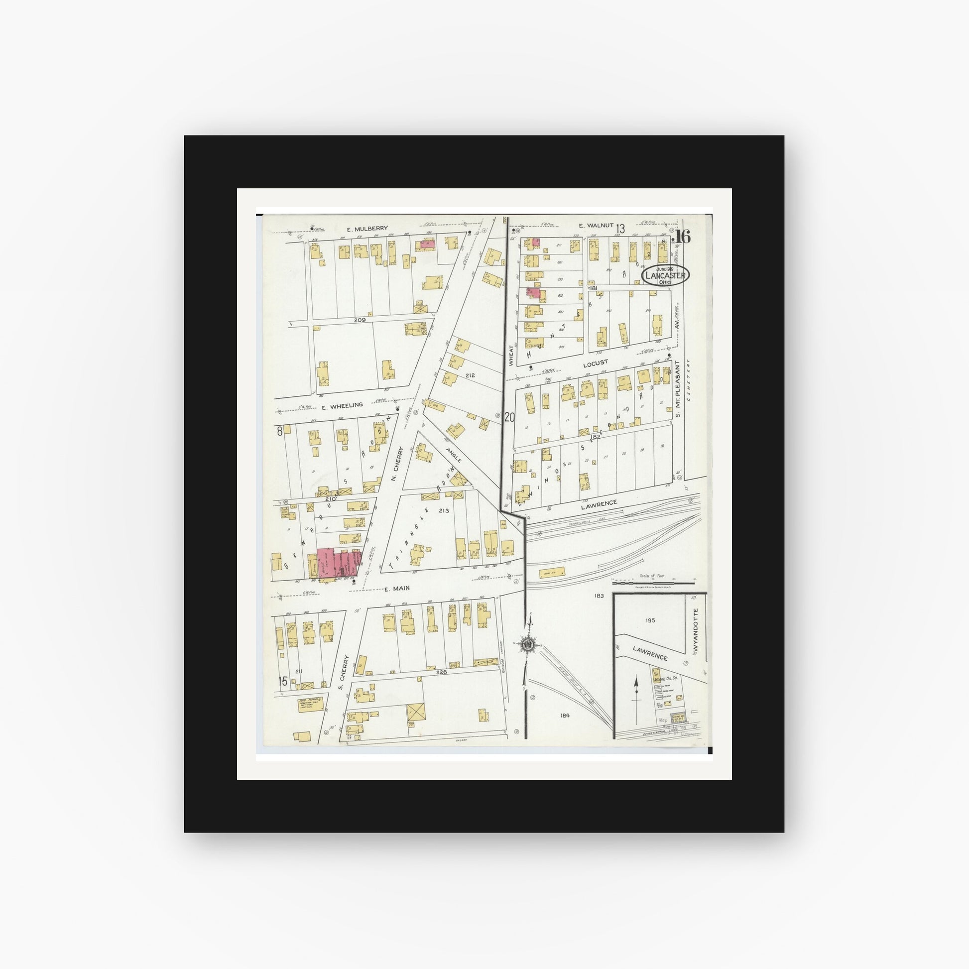 Old map wall art mockup — black gallery frame with white mat — Sanborn Fire Insurance Map from Lancaster, Fairfield County, Ohio (1919), Sheet #0016