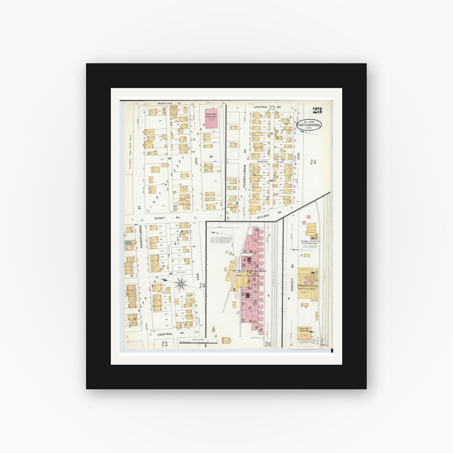 Old map wall art mockup — black gallery frame with white mat — Sanborn Fire Insurance Map from East Liverpool, Columbiana County, Ohio (1908), Sheet #0023