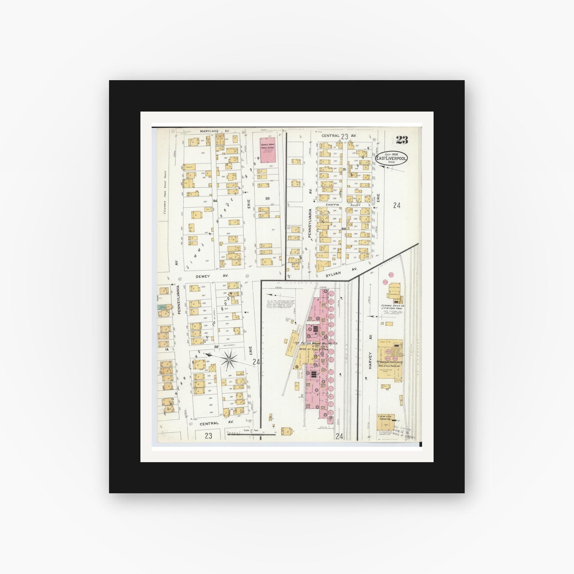 Old map wall art mockup — black gallery frame with white mat — Sanborn Fire Insurance Map from East Liverpool, Columbiana County, Ohio (1908), Sheet #0023