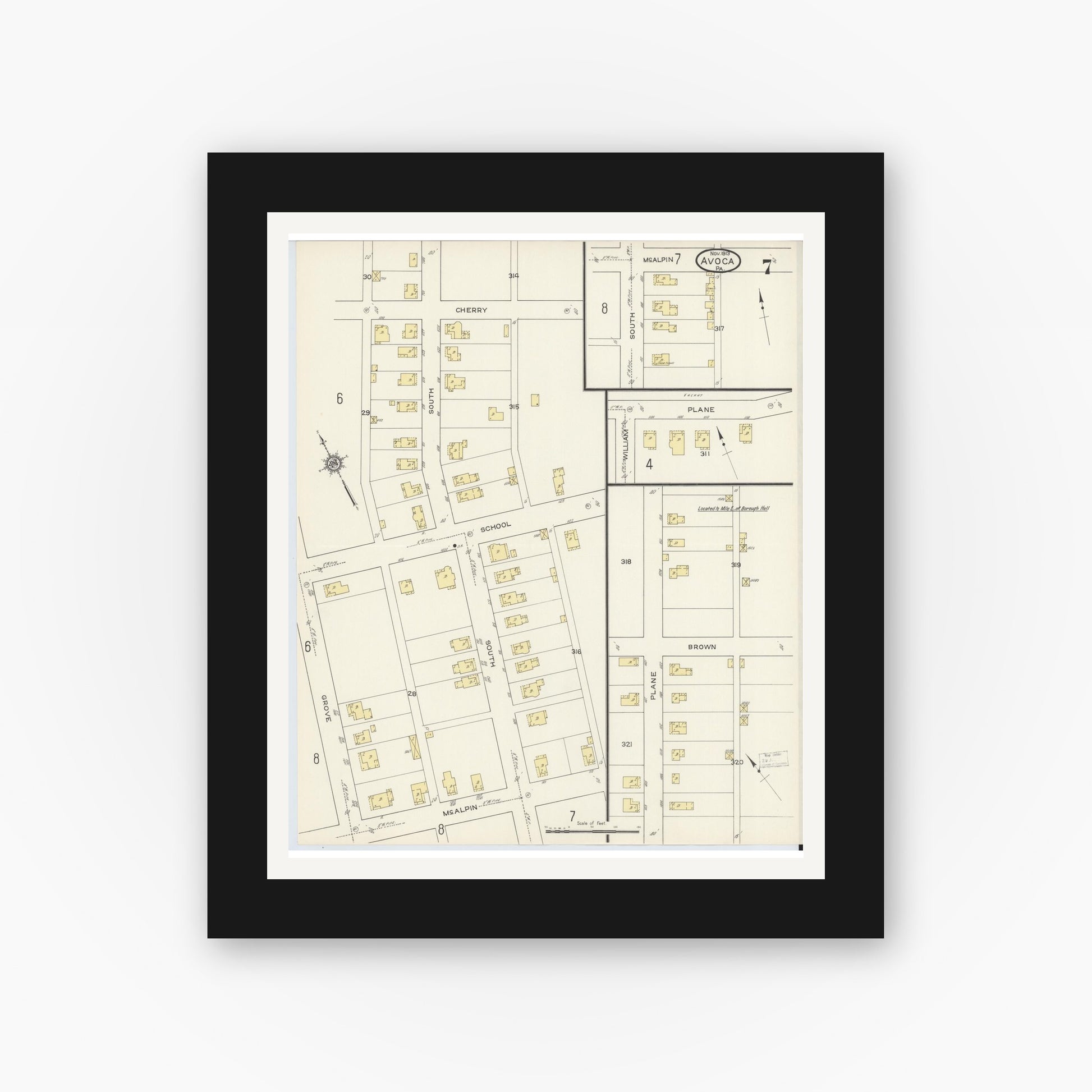 Old map wall art mockup — black gallery frame with white mat — Sanborn Fire Insurance Map from Avoca, Luzerne County, Pennsylvania (1913), Sheet #0007
