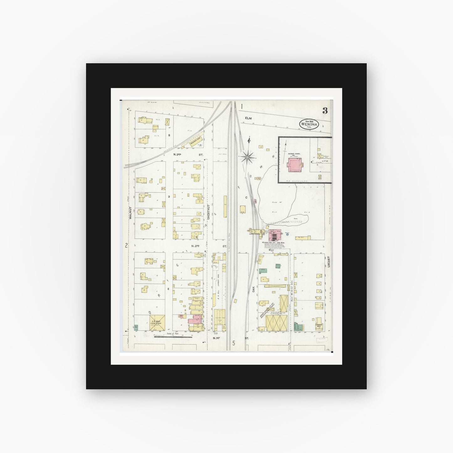 Old map wall art mockup — black gallery frame with white mat — Sanborn Fire Insurance Map from Wenona, Marshall County, Illinois (1906), Sheet #0003