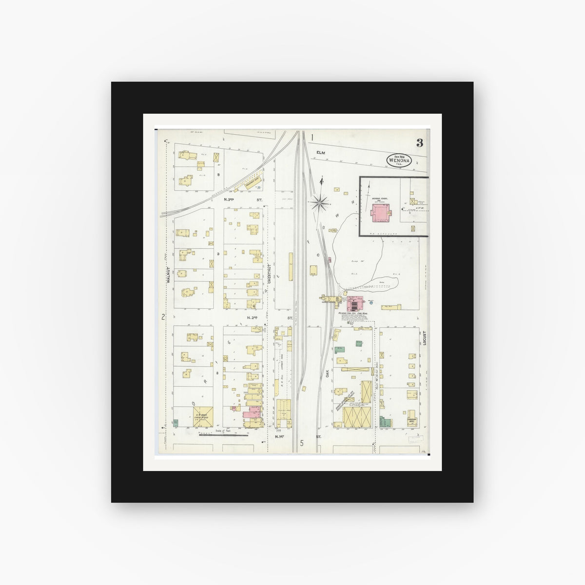 Old map wall art mockup — black gallery frame with white mat — Sanborn Fire Insurance Map from Wenona, Marshall County, Illinois (1906), Sheet #0003