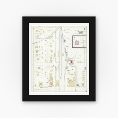 Old map wall art mockup — black gallery frame with white mat — Sanborn Fire Insurance Map from Wenona, Marshall County, Illinois (1906), Sheet #0003