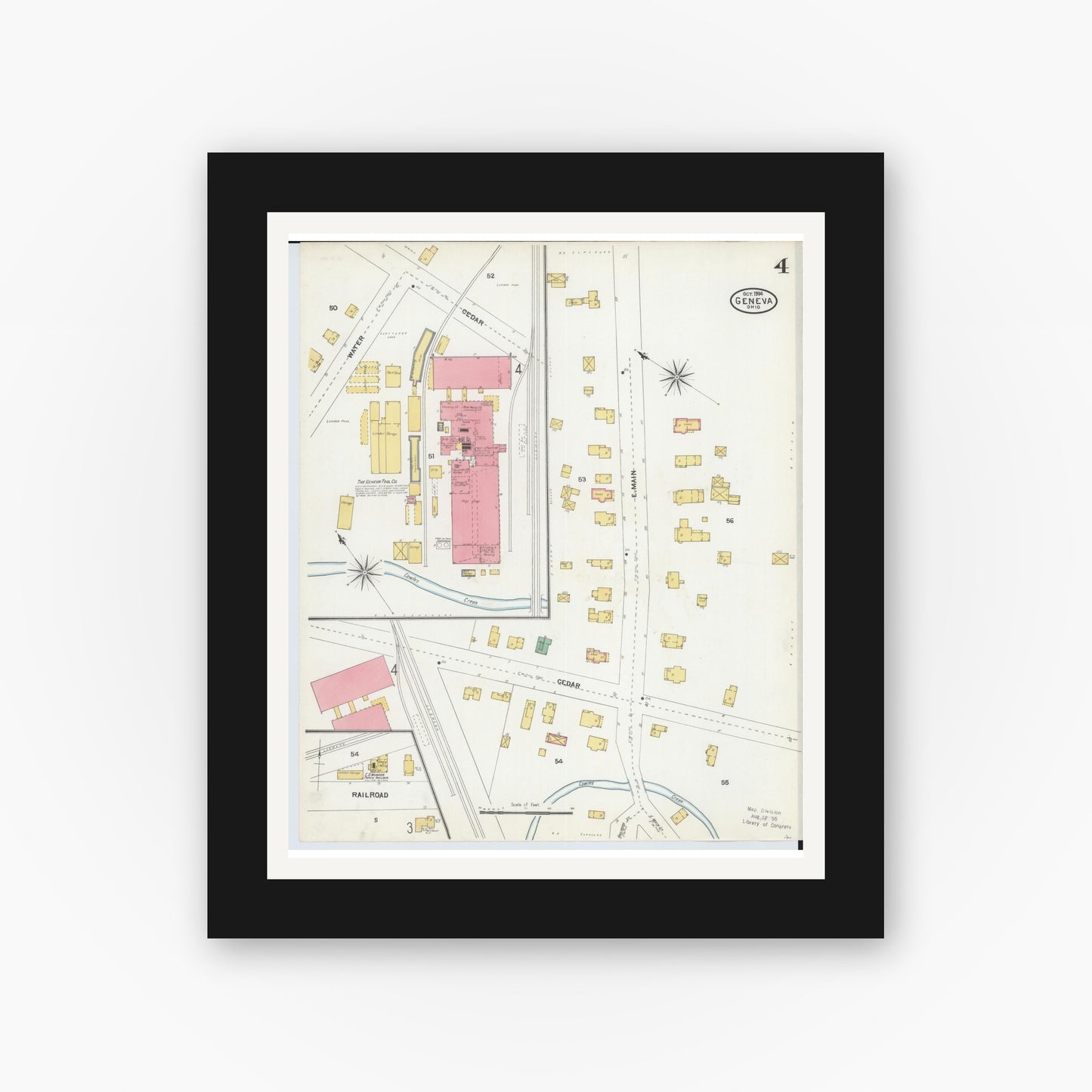 Old map wall art mockup — black gallery frame with white mat — Sanborn Fire Insurance Map from Geneva, Ashtabula County, Ohio (1904), Sheet #0004