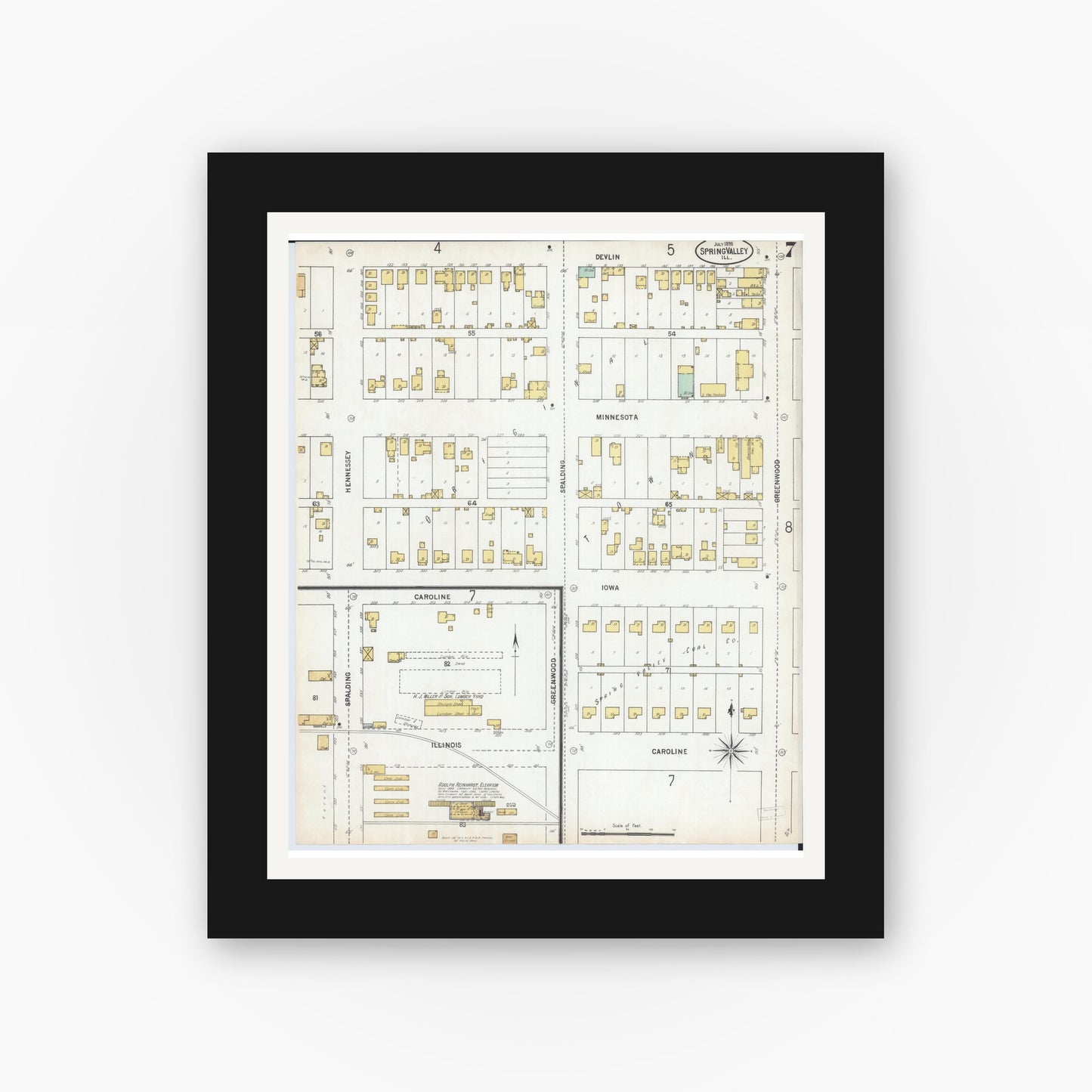 Old map wall art mockup — black gallery frame with white mat — Sanborn Fire Insurance Map from Spring Valley, Bureau County, Illinois (1899), Sheet #0007