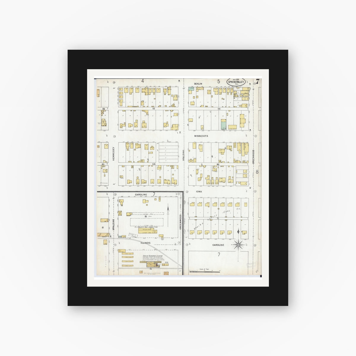 Old map wall art mockup — black gallery frame with white mat — Sanborn Fire Insurance Map from Spring Valley, Bureau County, Illinois (1899), Sheet #0007