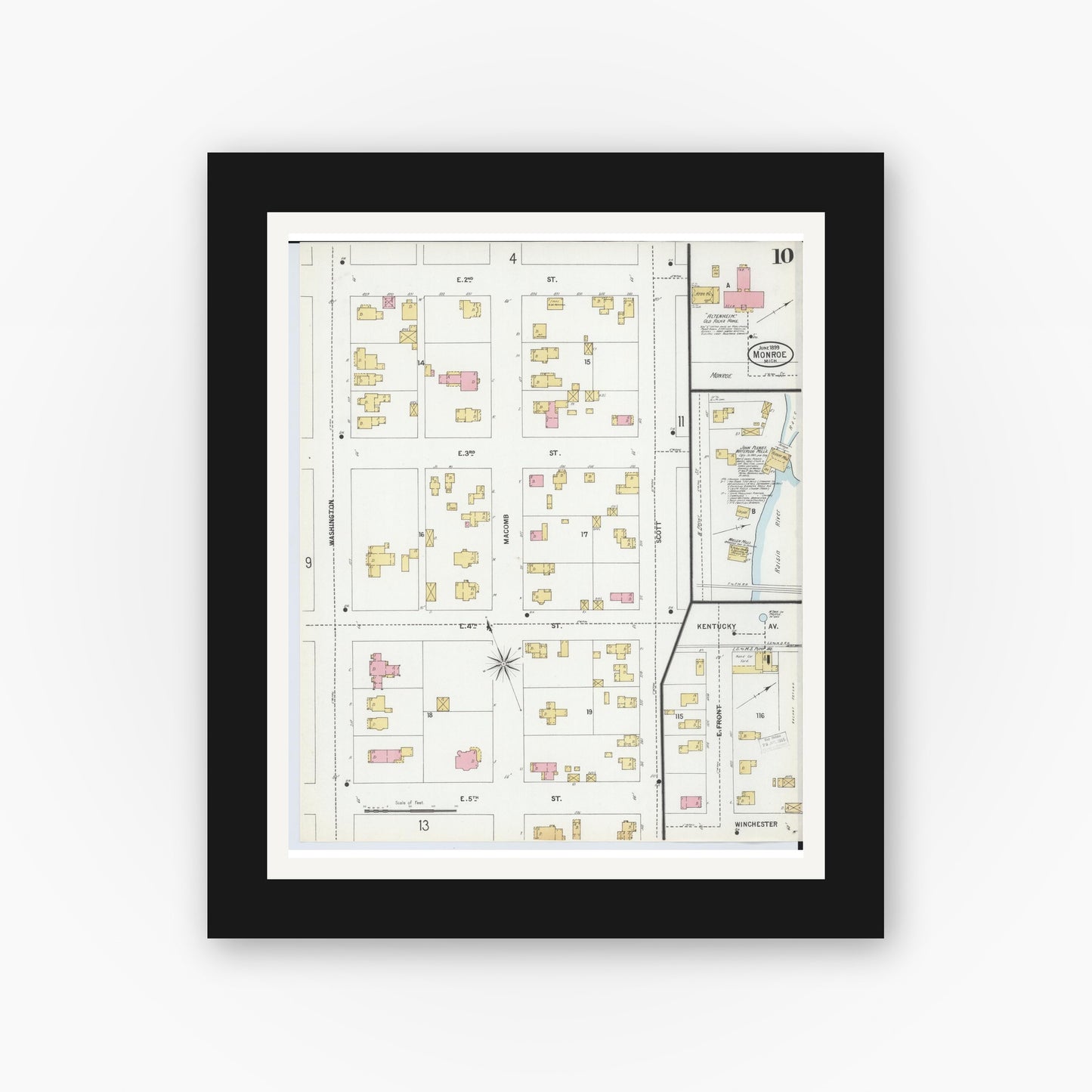 Old map wall art mockup — black gallery frame with white mat — Sanborn Fire Insurance Map from Monroe, Monroe County, Michigan (1899), Sheet #0010