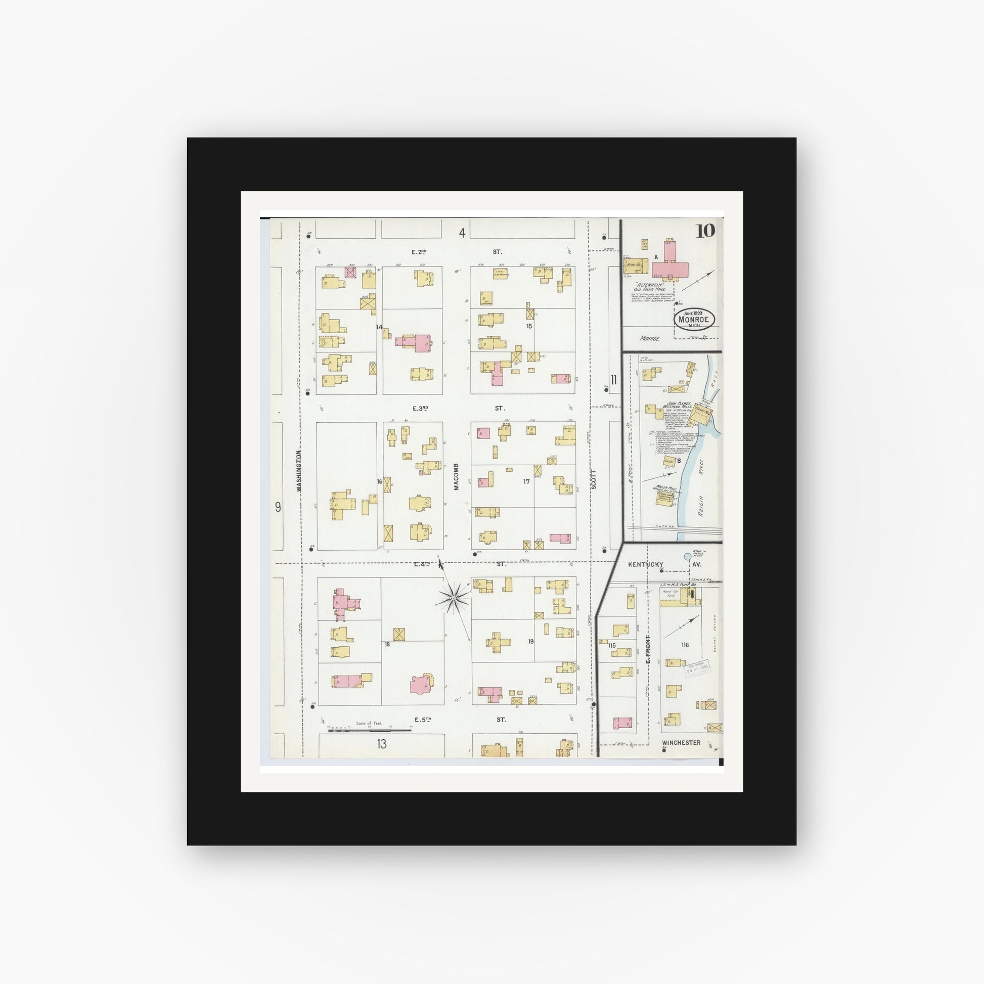 Old map wall art mockup — black gallery frame with white mat — Sanborn Fire Insurance Map from Monroe, Monroe County, Michigan (1899), Sheet #0010