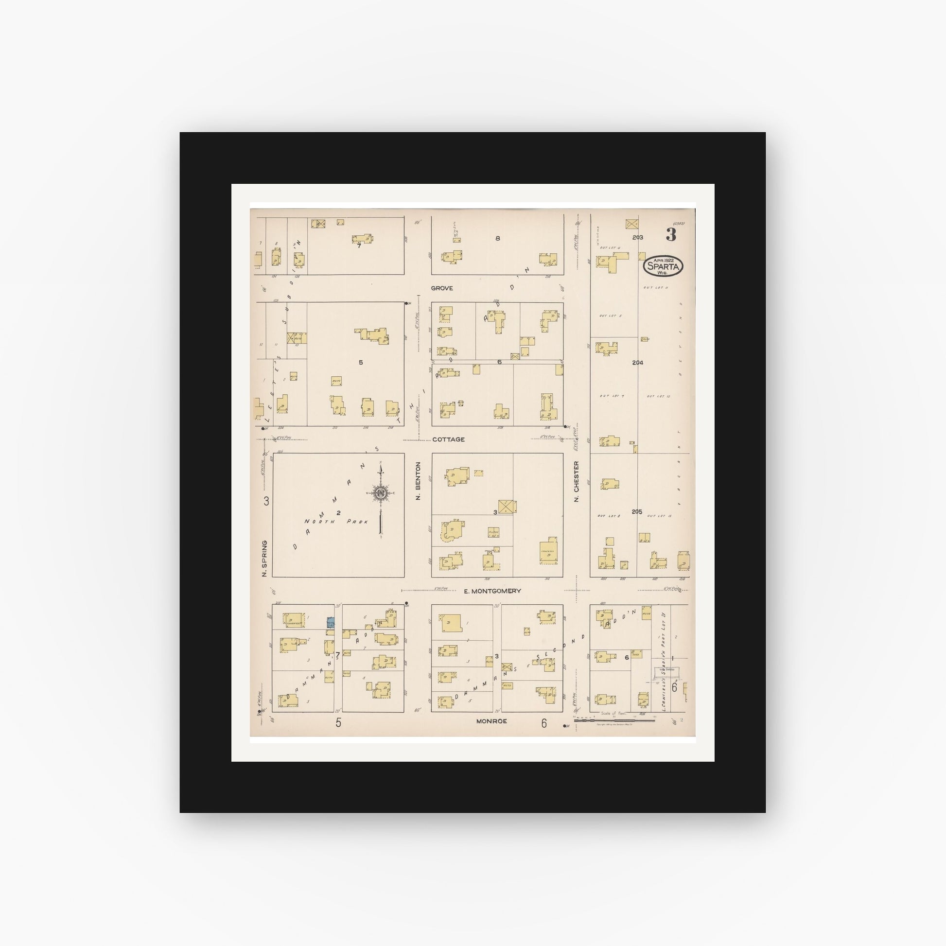 Old map wall art mockup — black gallery frame with white mat — Sanborn Fire Insurance Map from Sparta, Monroe County, Wisconsin (1922), Sheet #0003