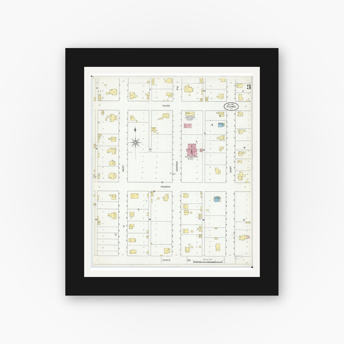Old map wall art mockup — black gallery frame with white mat — Sanborn Fire Insurance Map from Hume, Edgar County, Illinois (1909), Sheet #0003