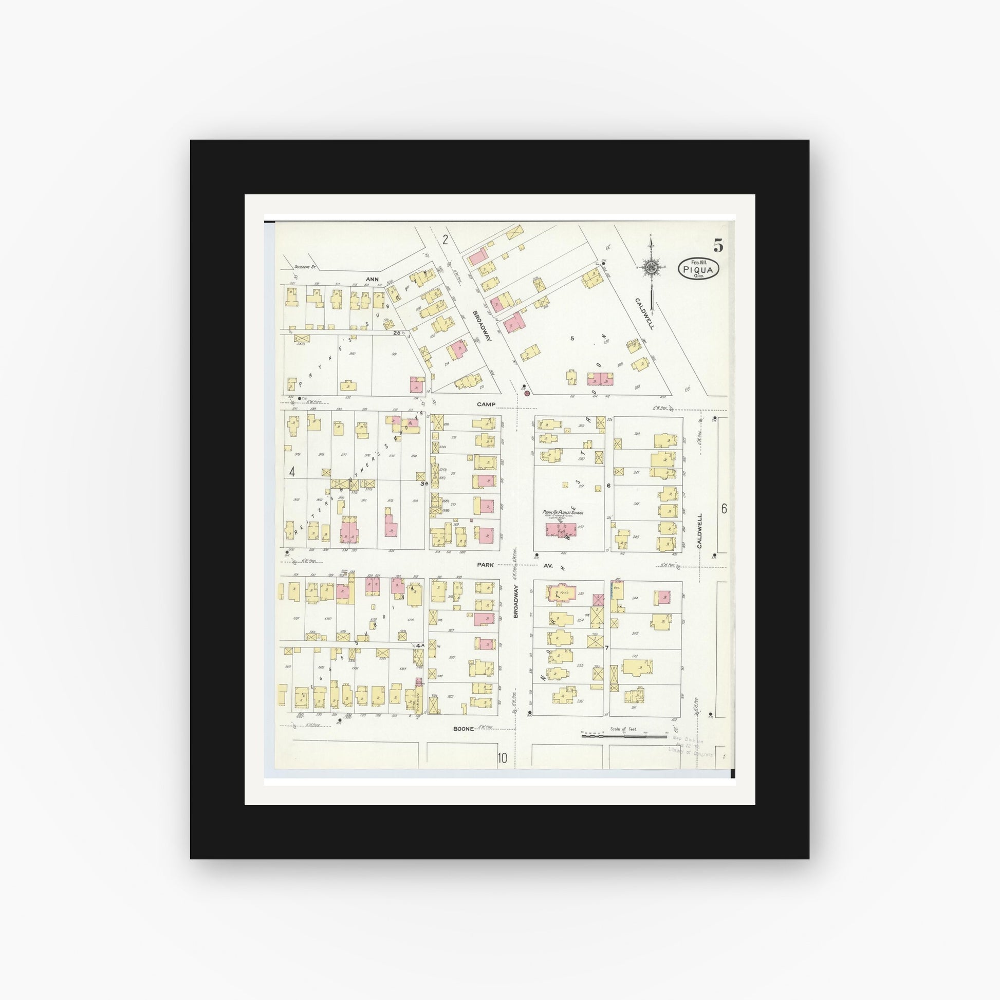 Old map wall art mockup — black gallery frame with white mat — Sanborn Fire Insurance Map from Piqua, Miami County, Ohio (1911), Sheet #0005
