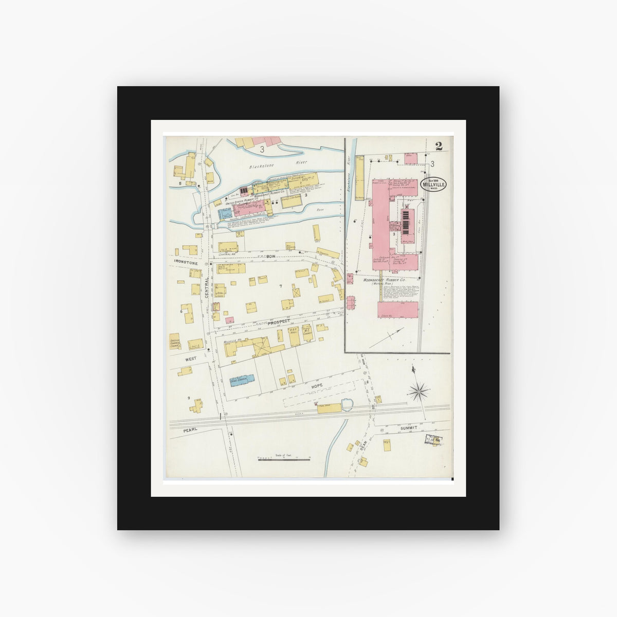 Old map wall art mockup — black gallery frame with white mat — Sanborn Fire Insurance Map from Millville, Worcester County, Massachusetts (1898), Sheet #0002