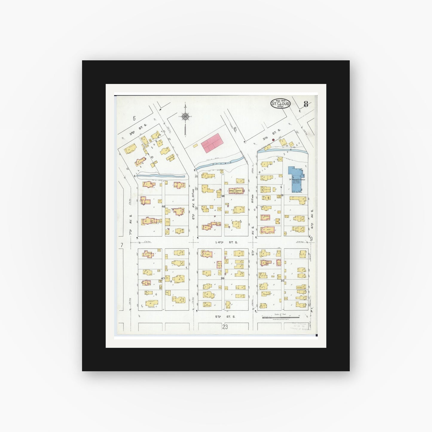 Old map wall art mockup — black gallery frame with white mat — Sanborn Fire Insurance Map from Saint Cloud, Stearns, Benton, and Sherburne Counties, Minnesota (1919), Sheet #0008