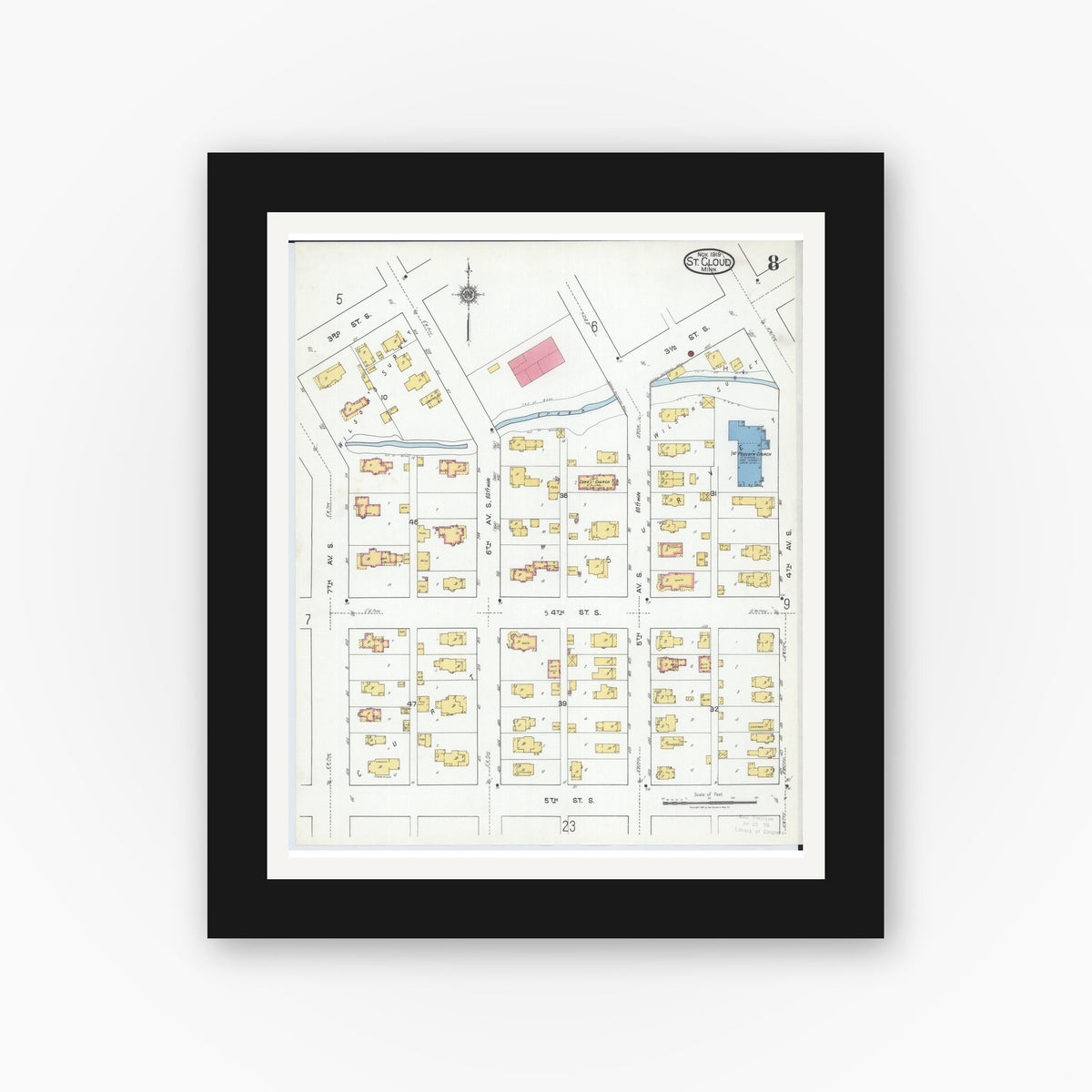 Old map wall art mockup — black gallery frame with white mat — Sanborn Fire Insurance Map from Saint Cloud, Stearns, Benton, and Sherburne Counties, Minnesota (1919), Sheet #0008