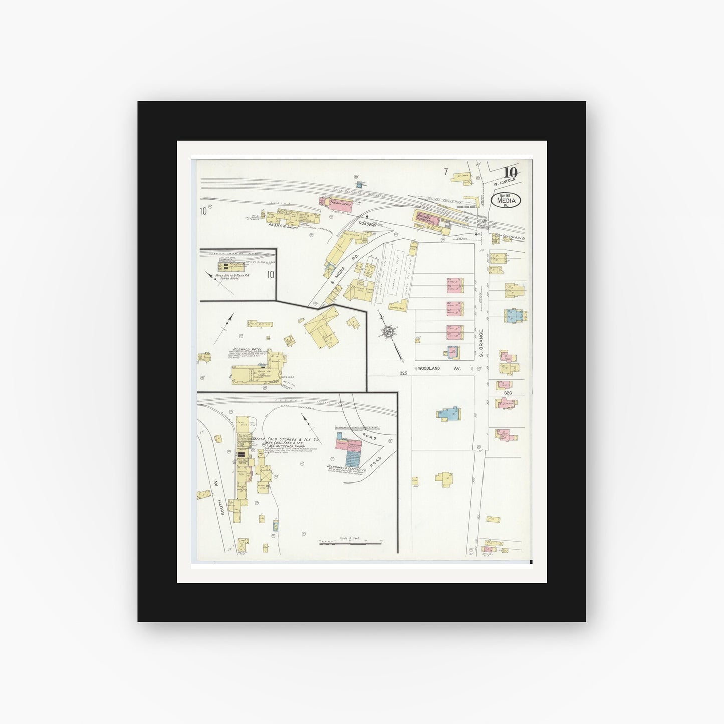 Old map wall art mockup — black gallery frame with white mat — Sanborn Fire Insurance Map from Media, Delaware County, Pennsylvania (1912), Sheet #0010