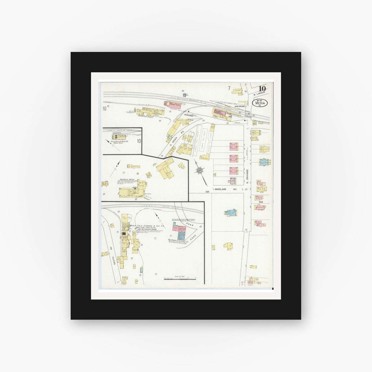 Old map wall art mockup — black gallery frame with white mat — Sanborn Fire Insurance Map from Media, Delaware County, Pennsylvania (1912), Sheet #0010