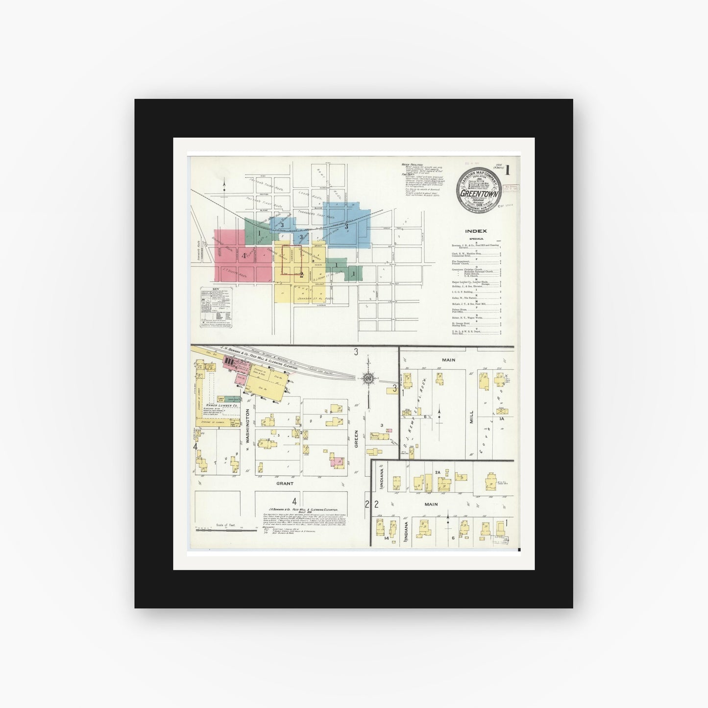 Old map wall art mockup — black gallery frame with white mat — Sanborn Fire Insurance Map from Greentown, Howard County, Indiana (1909) - Complete Map Set
