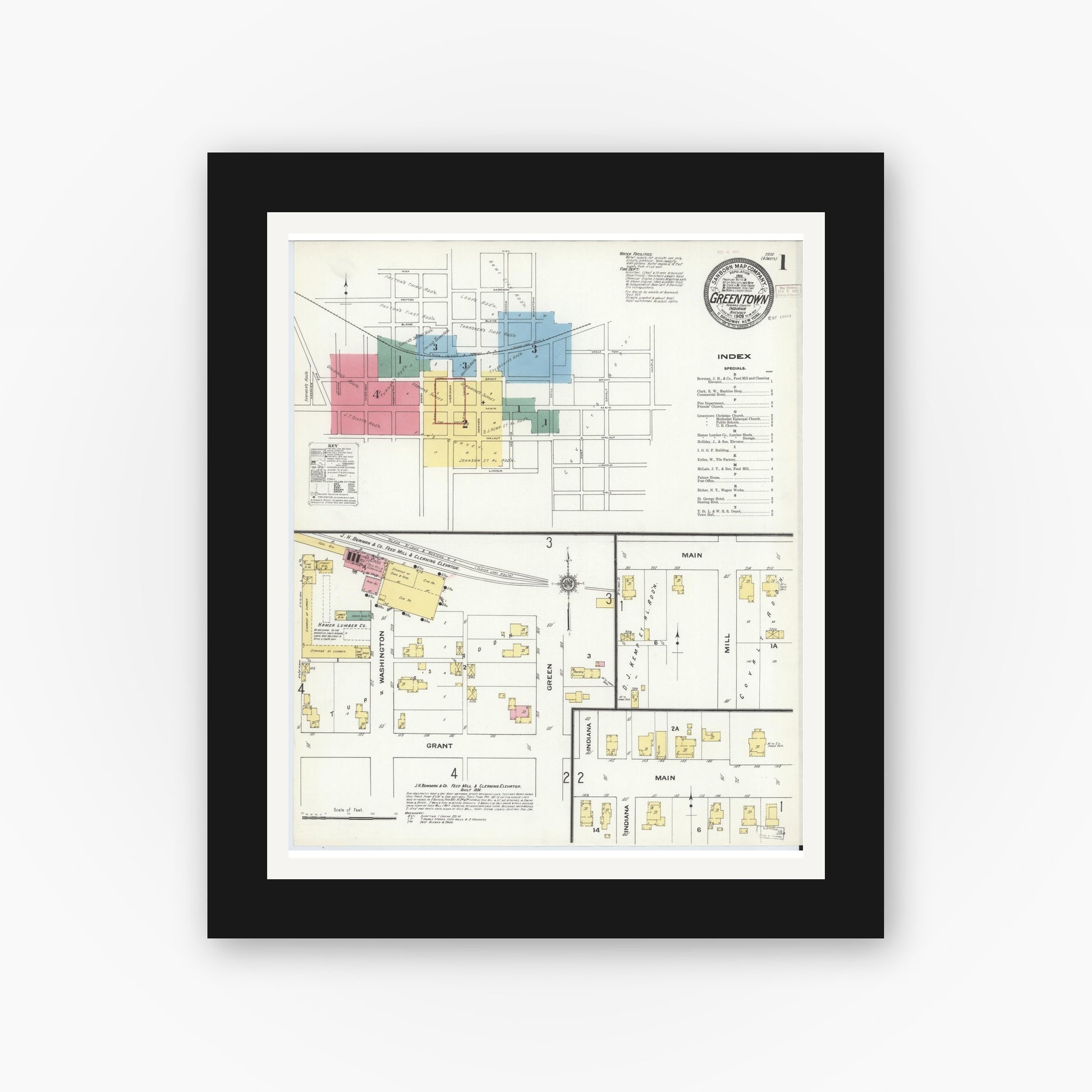 Old map wall art mockup — black gallery frame with white mat — Sanborn Fire Insurance Map from Greentown, Howard County, Indiana (1909) - Complete Map Set