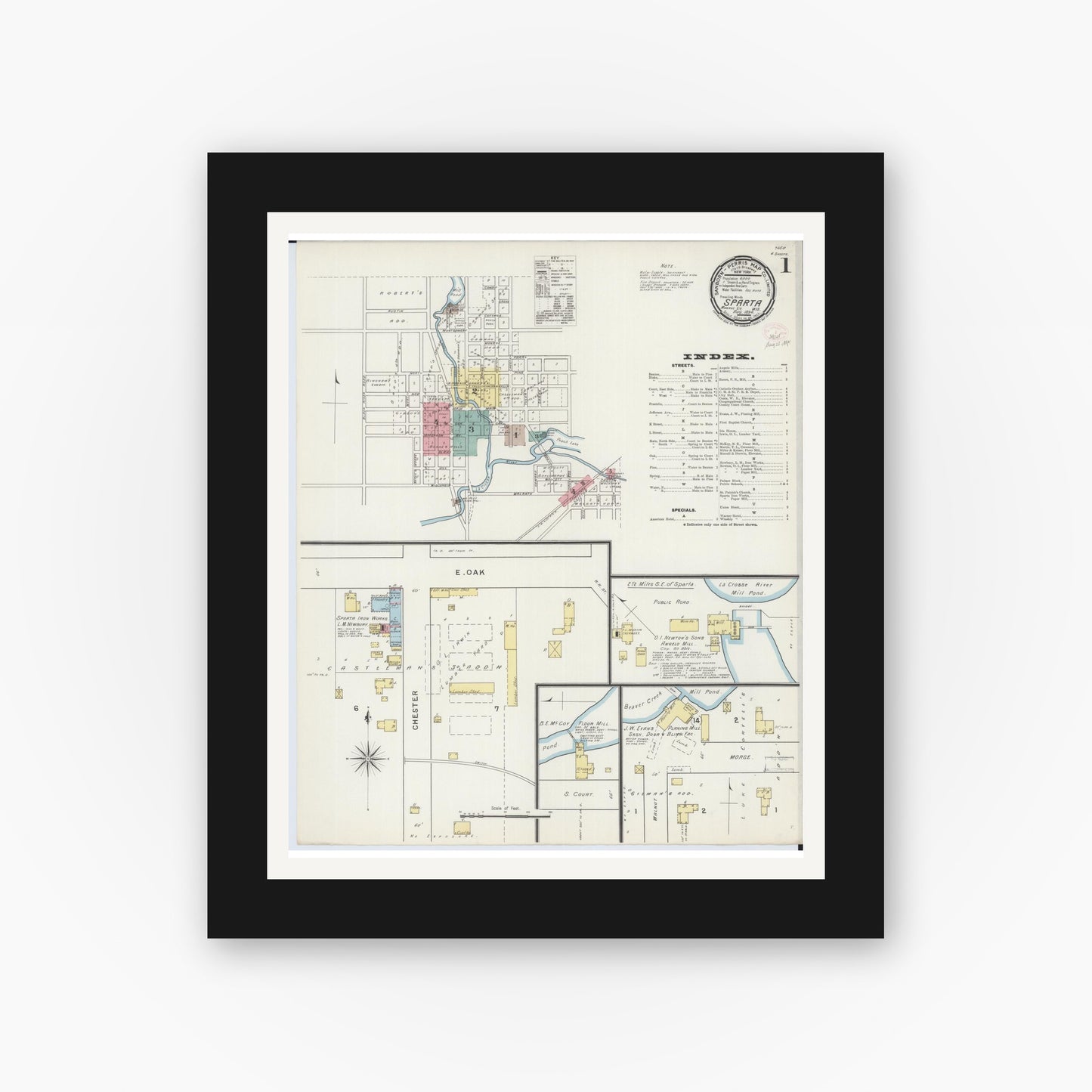 Old map wall art mockup — black gallery frame with white mat — Sanborn Fire Insurance Map from Sparta, Monroe County, Wisconsin (1894), Sheet #0001