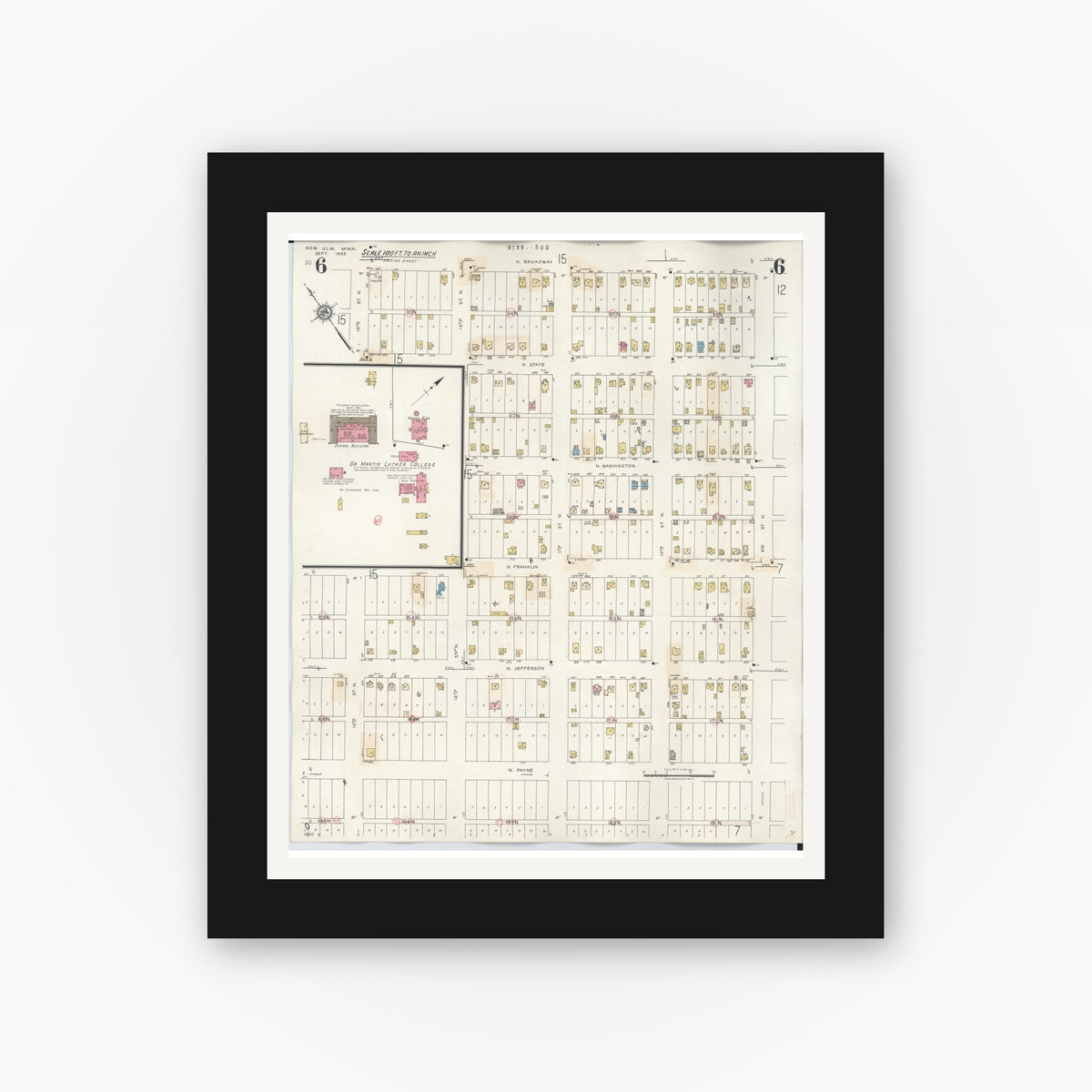 Old map wall art mockup — black gallery frame with white mat — Sanborn Fire Insurance Map from New Ulm, Brown County, Minnesota (1946), Sheet #0006