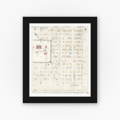 Old map wall art mockup — black gallery frame with white mat — Sanborn Fire Insurance Map from New Ulm, Brown County, Minnesota (1946), Sheet #0006